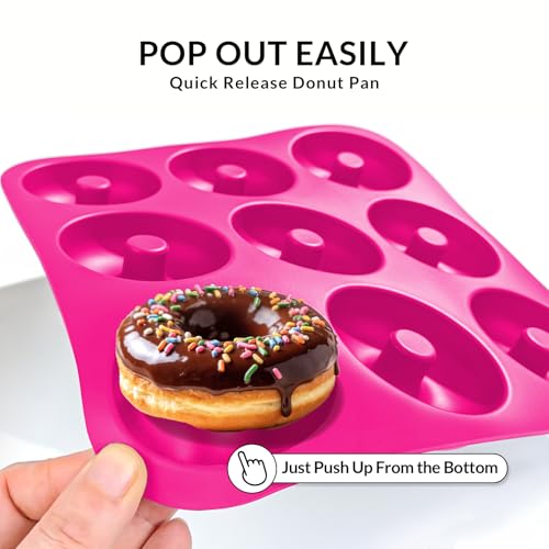 Large Silicone Donut Pan for Baking,9 Cavity Non-Stick Food Molds - color: Hot Pink