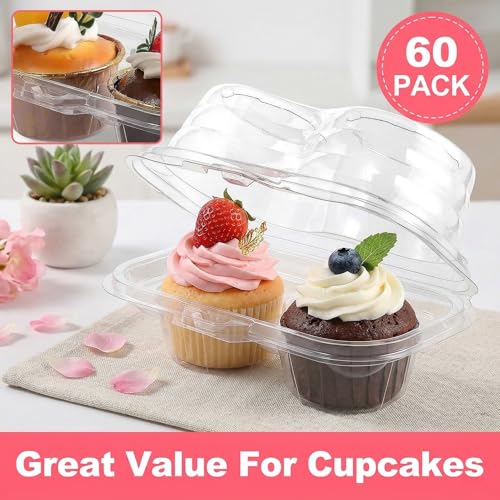 60 Pcs Cupcake Containers, 2 Compartment, Stackable