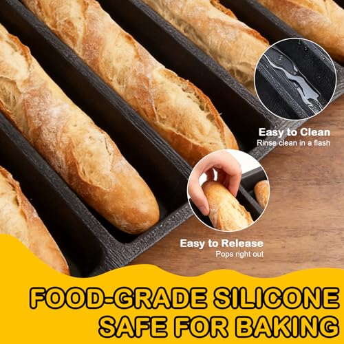 Silicone Perforated Baking Forms, 8-Loaf Baguette Bread Pan & French Bread Baking Pan, Reusable Perforated Baking Mat & Silicone Molds for Baking (29.92x16.14inch, Black) - size: 8-Loaf