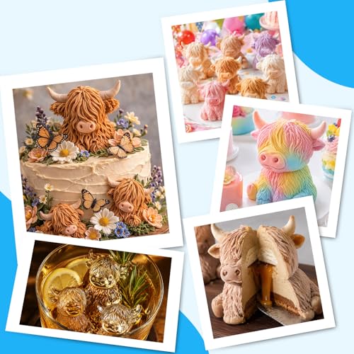 Palksky Highland Cow Silicone Mold, 6 Cavity 3D Cute Cow Chocolate Candy Mold, Food Grade Tray for Baking, Ice Cube, Jello - color: Highland cow silicone molds