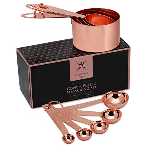 Copper Measuring Cups and Spoons Set - 9-Piece Food-Grade Stainless Steel Measuring Set with 2 Storage Rings for Heavy Duty Cooking & Baking, Rose Gold