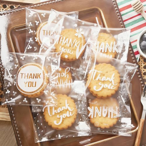 Jutieuo 100pcs Self-Adhesive Thank You Cookie Bags, 4x4 Inch White Polka Dot Clear Cellophane Treat Bags for Individual Dessert Pastry Goodie Candy Cookie Packaging, Party Favors, Bake Sale
