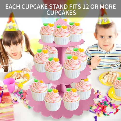 Pink Cupcake Stand 3-Tier, Cardboard Dessert Display Tower, 1-Pack - color: Pink 1 Pack