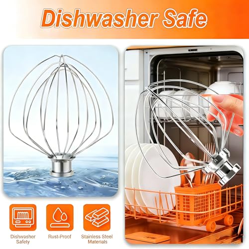 KN256WW Whisk Attachment for KitchenAid 6 Qt Bowl-Lift Mixers - Dishwasher Safe 6-Wire All Stainless Steel Whip - Heavy Duty for Fast Whipping Cream, Eggs, Mayonnaise & Cakes - size: Large(KN256WW)