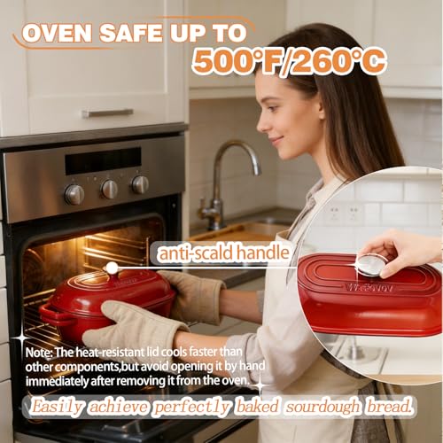 DIY Double Dutch Oven for Sourdough Bread Baking – Enamel Cast Iron Bread Baker with Lid, Bake Two Different Loaves at Once, 500°F Oven Safe, Includes 2×6" Banneton Proofing Baskets - color: Red