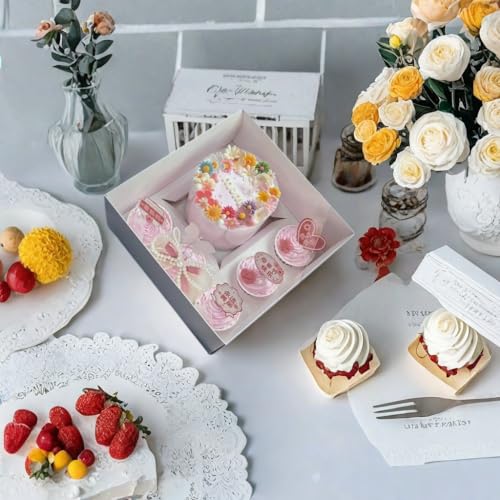STVIRPOW 5-Pack Cupcake Box Combo with Full Clear Lid and 1.2 wide ribbon1 Small Cake and 5 Cupcakes Storage Container, Ribbon and Stickers for Birthday Party, Mother's Day(Pink ribbon)