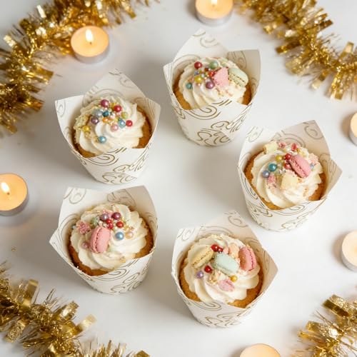 250Pcs Tulip Cupcake Liners,Parchment Paper Cupcake Liner in Standard Size - color: White Golden Cloud