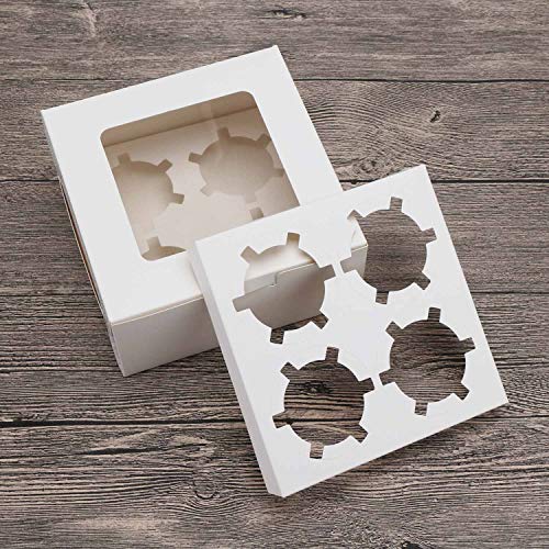 EUSOAR Muffin Boxes, 50pcs 6.4" x 6.3" Kraft Cupcake Boxes 4 Count White Color Muffin Containers, Cupcake Carrier with Insert and Display Window Fits 4 Cupcakes or Muffins - color: White, size: 50pcs, 4 Holders