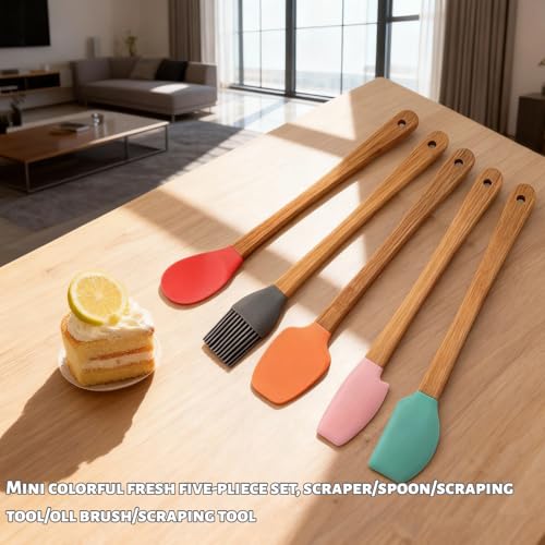 5 Piece Silicone Spatulas,Mini Rubber Spatula Bamboo Handle,Heat Resistant Silicone Set,Non-Stick Kitchen Utensils For Baking,Cooking and Stir(colorful)