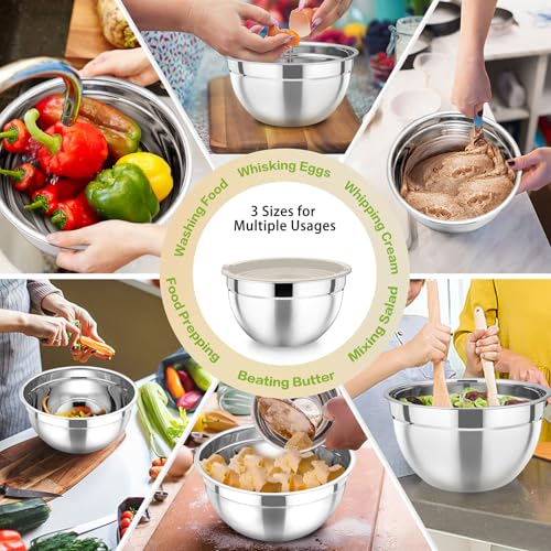 P&P CHEF Stainless Steel Mixing Bowls with Airtight Lids, Khaki - color: Khaki, style: Airtight Lids