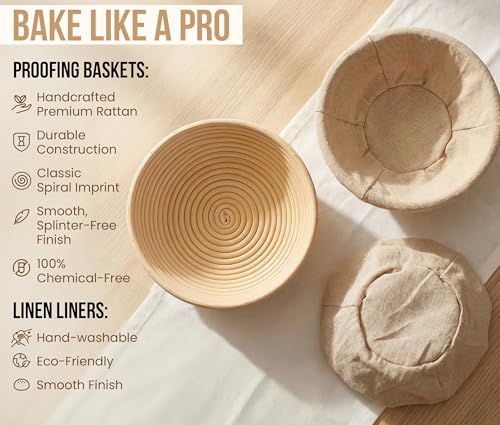Kook Banneton Bread Proofing Baskets, Artisan Sourdough Bread Making Baskets, 9 Inch Handwoven Rattan Baskets and Cloth Liners, Set of 2, Round - color: Round Baskets