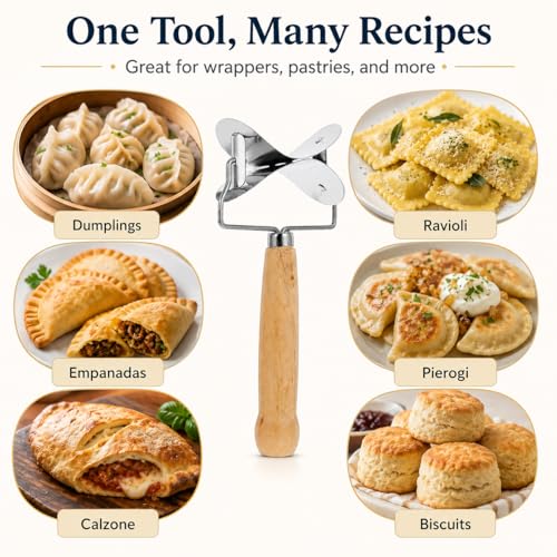 IMIKEYA Dumpling Wrapper Cutter, Dough Cutter Mold with Wooden Handle, Rolling Pastry Cutting Tool for Dumpling, Ravioli, Calzone, Empanada, Pierogi, Cookies, Biscuits