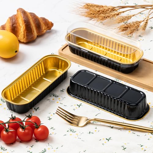 Mini Loaf Pans with Lids and Spoons, Rectangle Cake Pans, Baking Containers - color: Black/Gold