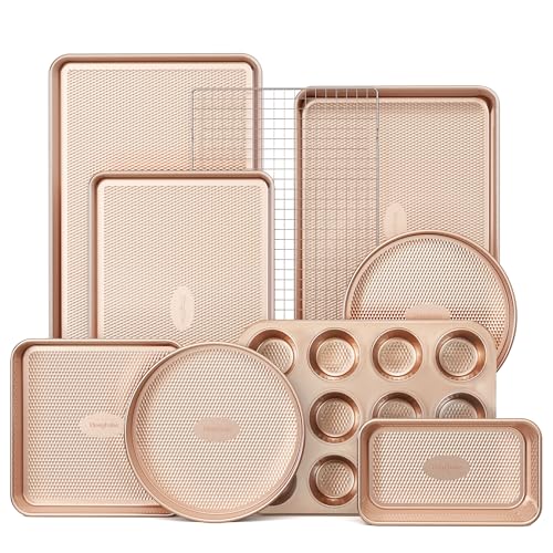 HONGBAKE 9-Piece Baking Pans Set Nonstick, Stackable Non Toxic Bakeware Sets with Diamond Texture, Oven Pan Set for Cooking, Includes Cookie Sheet with Rack, Cake Pan, Roasting Pan, Muffin Tin, Gold - color: Champagne Gold