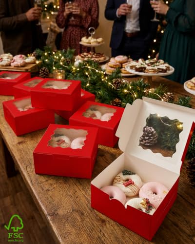 Bakepacker 60pcs Red Bakery Boxes with Window 6x6x3 inches Thick & Cookie Boxes & Sturdy Macaroon Pastry - color: Matte Red, size: 6"*6"*3" / 60 Pcs