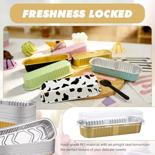 24 Pack Mini Loaf Pans, 7.5oz Mini Cake Pan & Mini Cupcake Pan Set – Disposable Aluminum Baking Pans with Lids, Spoons & Stickers, Premium Sturdy Gift Set for Cakes, Cupcakes, Desserts & Party Treats - color: Gold
