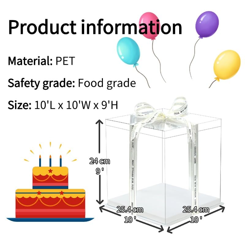 10x10x9 Clear PET Cake Boxes 5 Pack with Food-Grade White Base & Just For You Satin Ribbon, Rigid Waterproof Cake Carrier for Home Bakers, Birthday Wedding Cake, Dessert Snack & Gift Display Box - size: 10 inch