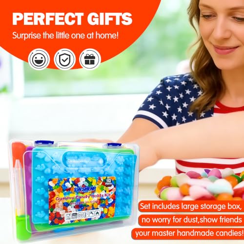 112PCS Mega Silicone Gummy Candy Molds Kit with 4 Droppers & 2 Brushes | BPA Free Non-Stick Molds 20 Shapes (Dinosaur/Donut/Fruit), Storage Box & 100 Wrappers - color: Orange