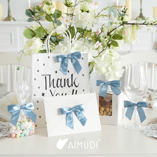 AIMUDI Dusty Blue Satin Ribbon Bows 3.5" Pre-Tied Twist Tie Bows for Treat Bags Gift Wrapping Cake Pop Goodie Bags Party Wedding Baby Shower Favor - 50 PCs - color: Blue Dusty