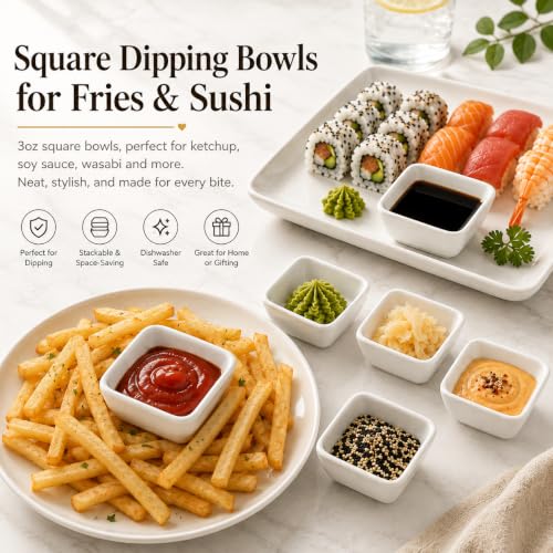 3 OZ Square Dip Bowls Set of 6, White Ceramic Dipping Sauce Dishes - size: 3 oz