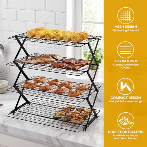4-Tier Upgraded Collapsible Cooling Rack with Adjustable Setting Design,Cooking Drying Wire Cooling Rack for Baking, Cookies, Cake, Roasting, Grilling