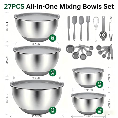 Deedro Mixing Bowls with Airtight Lids, Stainless Steel Mixing Bowls Set - color: Gray