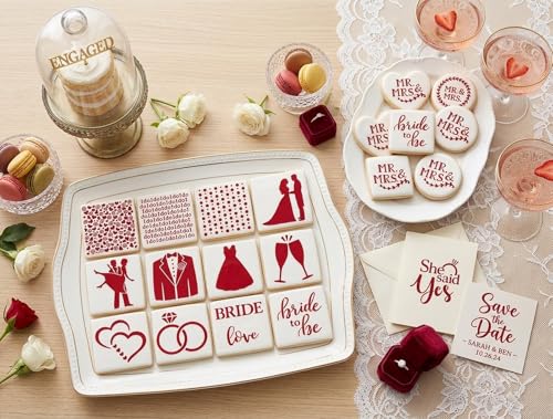16Pcs 4x4Inches Wedding/Engagement Cookie Stencils, She Said Yes/Bride to Be/Miss to Mrs Stencil for Baking, Royal Icing, Sugar Cookie, Bridal Shower Decor, Cards Decorating Tools & Personalized Gifts
