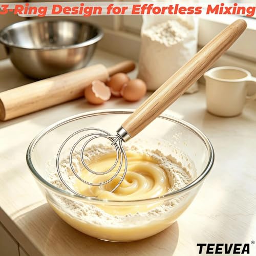TEEVEA Danish Dough Whisk Wooden Handle Stainless Steel for Sourdough Bread - color: Rubber Wood 3-Circle