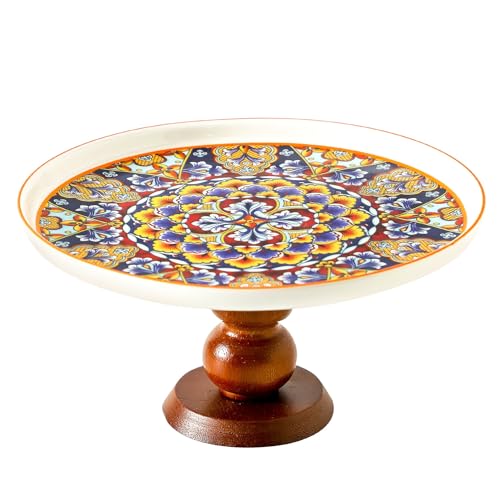 8” Ceramic Cake Stand with Elegant Wood Curved Footed