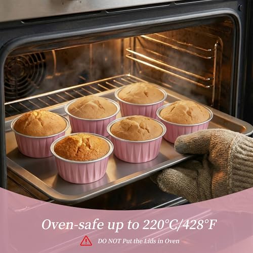100-Pack 5 oz Pink Mini Cake Pans with Lids, Disposable Aluminum Foil Baking Cups, Muffin Tins, Ramekins for Cupcakes, Brownies, Flan, Pudding - Wedding, Birthday,Baby Shower, Princess Party - color: Pink