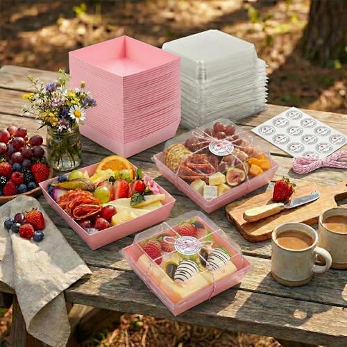 50 Pack 5in Small Clear Treat Boxes, Disposable Paper Dessert Boxes To Go - color: Pink