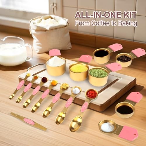 16-Piece Magnetic Measuring Cups & Spoons Set, Stainless Steel, Pink & Gold - color: 16-Piece Pink & Gold