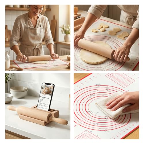 Rolling Pin Set for Baking, Wooden Dough Roller with a 24×16 Inch Silicone Mat and Stand, Kitchen Pastry Baking Accessories for Pie Crust, Cookies, Pizza Dough and Bread