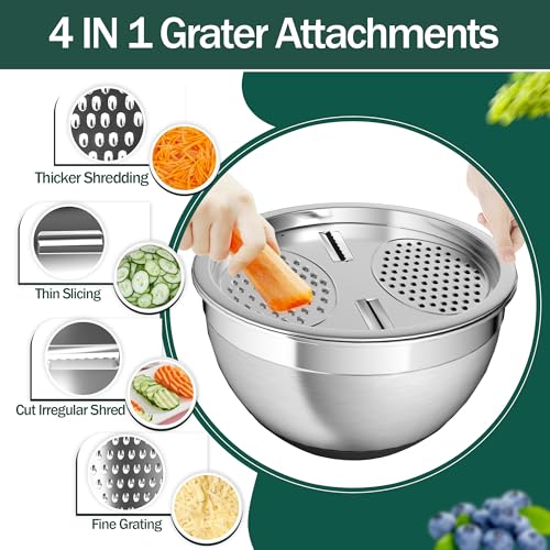 Mixing Bowls with Airtight Lids, Stainless Steel Mixing Bowl Set with 3 Nesting Kitchen Metal Bowls, Colander & Grater, Non-Slip Bottoms, Size 1.5, 2.5, 5 QT, Great for Mixing & Serving, Black - color: Black