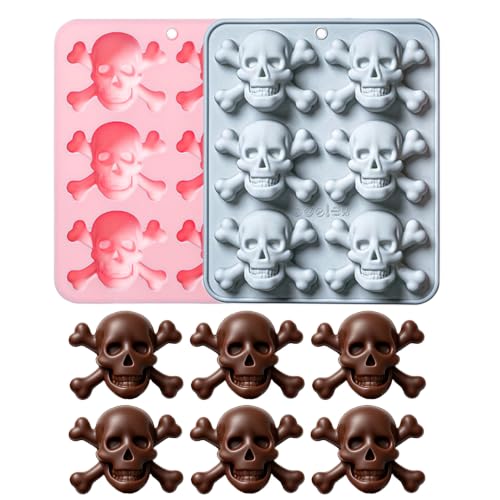 2Pcs 3D Skull Silicone Mold, Halloween Skull Chocolate Mold, Skull Candy Mold for Baking, Ice Cube, Resin, Candy, Soap, Cake Decoration(Pink/Gray)