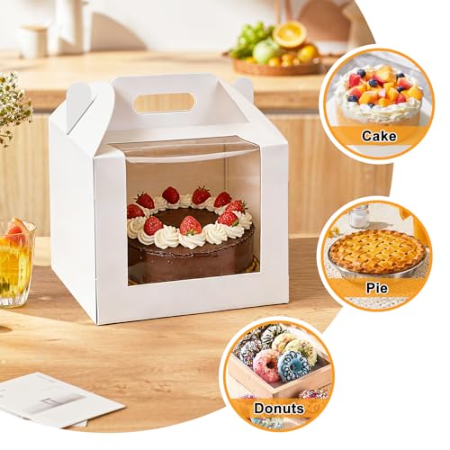 10 Pcs Cake Boxes 10 Inch with Handle, 10x10x8 Inches Tall Cake Box with Window for Tier Cakes, Bakery Take Out Container Cake Carrier, White Large Bakery Boxes for Baking Wedding, Birthday, Party