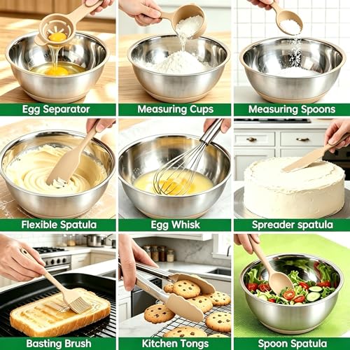 Deedro Mixing Bowls with Airtight Lids, Stainless Steel Mixing Bowls Set - color: Khaki