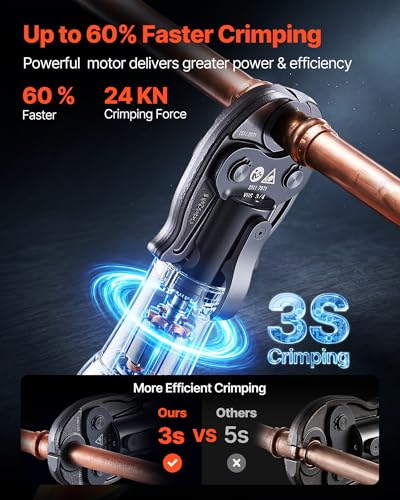 VEVOR Press Tool, 18V Electric Pipe Crimping Tool for 1/2", 3/4", 1" Copper Pipes, 24KN Press Tool Kit Compatible with ProPress - with 3 Press Jaws, 2pcs 18V 2AH Battery, Fast Charger & Carrying Case