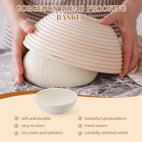 Dimpola Banneton Bread Proofing Basket Banneton Basket Set Sourdough Proofing Basket Round Proofing Bowls Handmade Rattan Baskets and Liners (Round of 1 Gift Set) - style: Round of 1 Gift Set