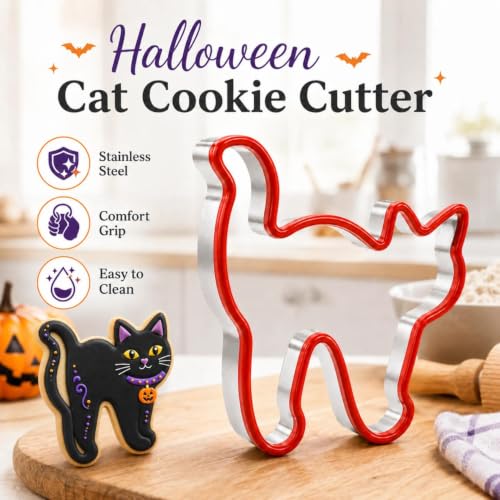 Cat Halloween Cookie Cutter, Stainless Steel Baking Mold | Cat-shaped cutter with silicone top edge for cookies, fondant, pastry, sandwiches and Halloween baking - color: Red