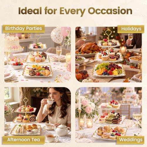 Kochorie 3 Tier Square Ceramic Cupcake Stand Gold Rim White Serving Tray - style: Square