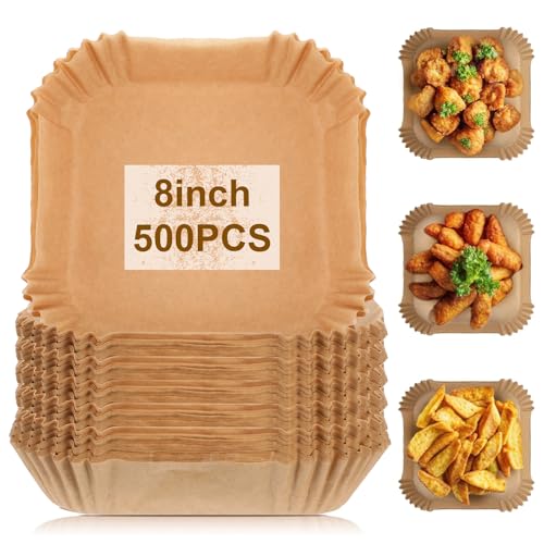 500 Pcs Air Fryer Paper Liners, 8” Square Disposable Parchment Paper Liner for 5-8 QT Air Fryer, Non-Stick, Oil Proof Unbleached Airfryer for Baking, Roasting Microwave