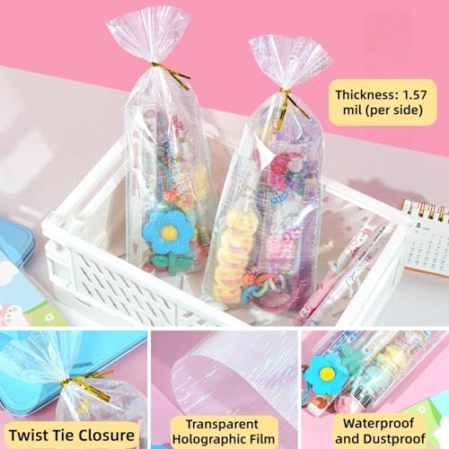 FERENLI 50 Pcs 8.07x13.98 inch Holographic Clear Cellophane Treat Bags - size: 8.07x13.98 inch (20.5x35.5 cm)