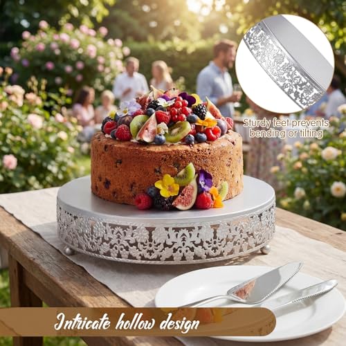 Wenqik 12 Inch Silver Cake Stand Set Metal Round Cupcake Dessert Stand with Cake Cutting, Flower Spatula Wedding Cupcake Pastry Display Candy Holder Display for Wedding Party Birthday Baby Shower - color: Silver, size: 12 Inch