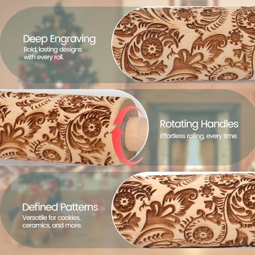Christmas Embossed Rolling Pin for Baking Cookies Embossing Rolling Pins with Design Wooden Engraved Springerle Roller Pin Dough Snowflake Paisley Patterned Clay Pottery Ceramic Bakers (Floral Frost) - color: Floral Frost