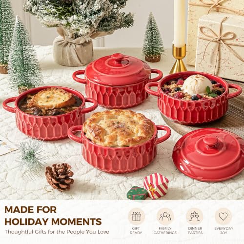 Mini Cocotte Set of 4, 14 oz Ceramic Casserole Dishes with Lids - color: Cherry Red