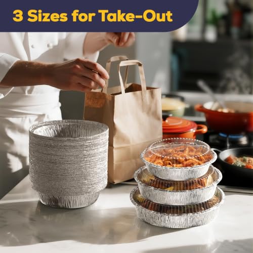 Fit Meal Prep 45 pack 9" Round Aluminum Foil Pans with Clear Dome Lids, Pie Tins Disposable 9 inch with Lids, Take Out Containers, Freezer Oven Safe Aluminum Baking Pans for Storing, Cooking, Storage - size: 9 Inch