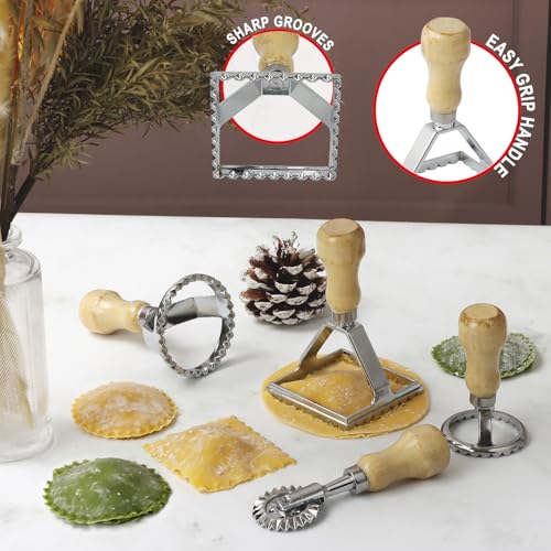 Ravioli Stamp Maker Cutter with Roller Wheel Set, Large Size Aluminum Press with Wooden Handle and Fluted Edge, Ravioli Maker Stamp for Ravioli, Pasta, Dumplings Lasagna, Pierogi, Set of 4