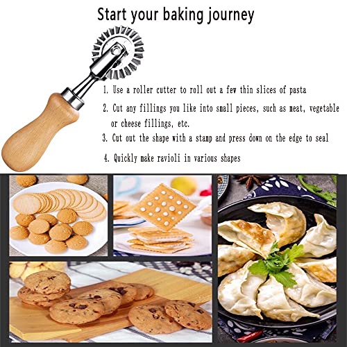 Ravioli Cutter Stamps with Roller Wheel Round Mold with Wooden Handle and Fluted Edge Pasta Press Pasta Cutter for Home and Kitchen Use- 1.3" Diameter - color: Ravioli Cutter