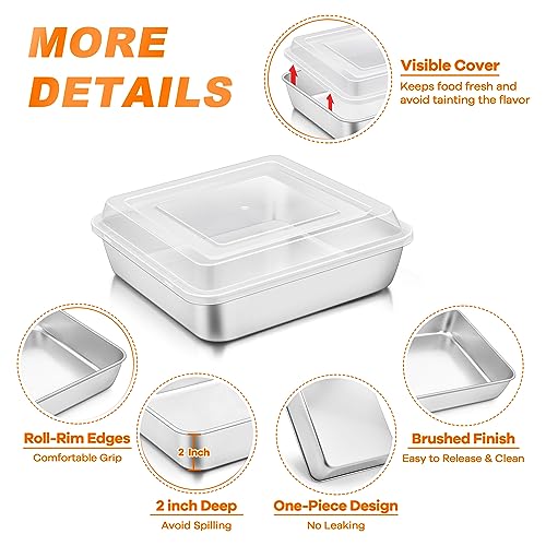 TeamFar 9 x 9 Baking Pan, Square Cake Pan with Lid - 2 Pans + 2 Lids - size: 9.3 x 2-Inch